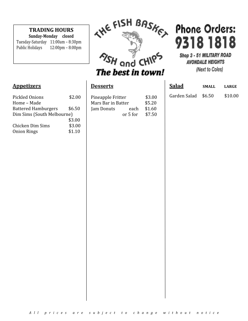 Menu, The Fish Basket