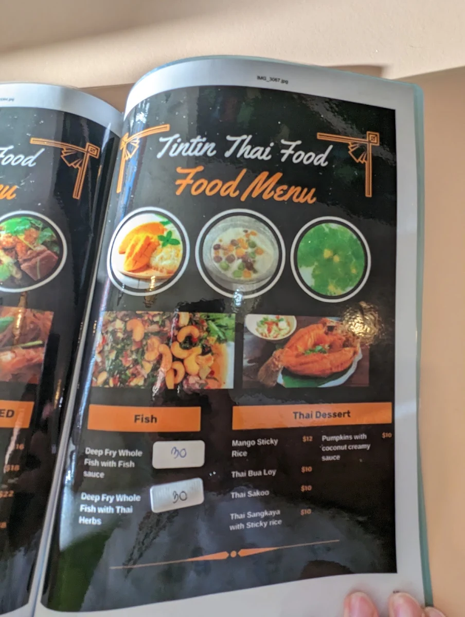 Menu, TinTin Thai Food
