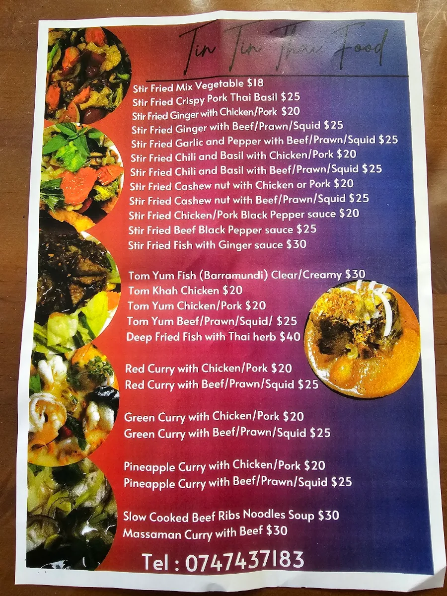 Menu, TinTin Thai Food