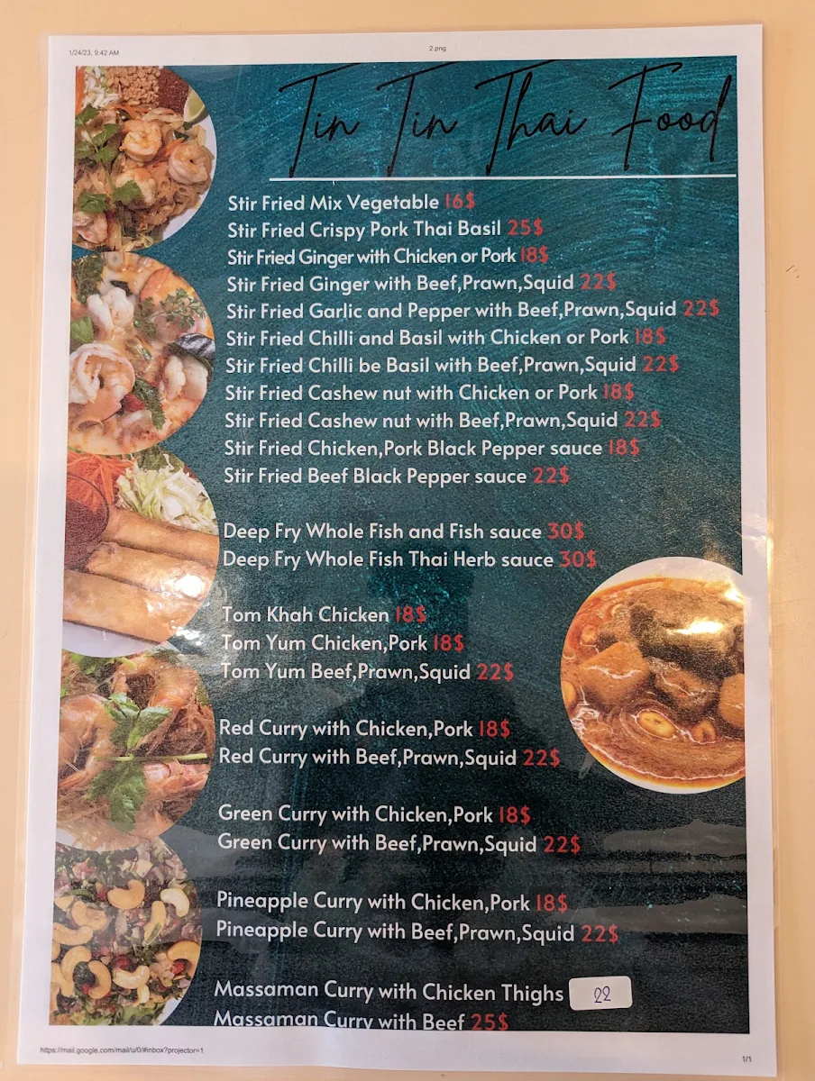 Menu, TinTin Thai Food