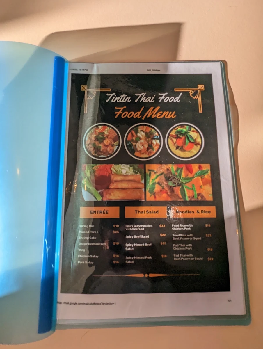 Menu, TinTin Thai Food