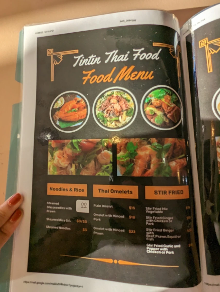 Menu, TinTin Thai Food
