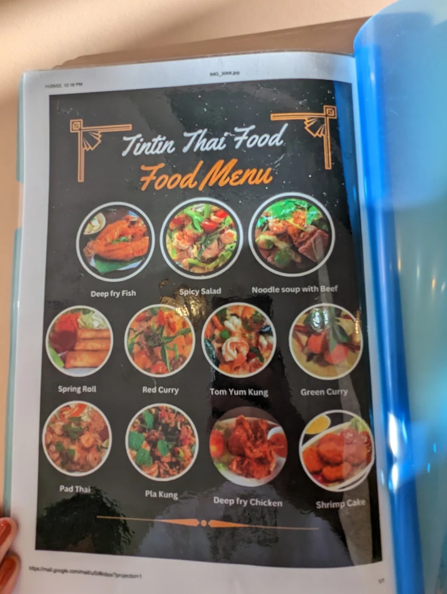 Menu, TinTin Thai Food