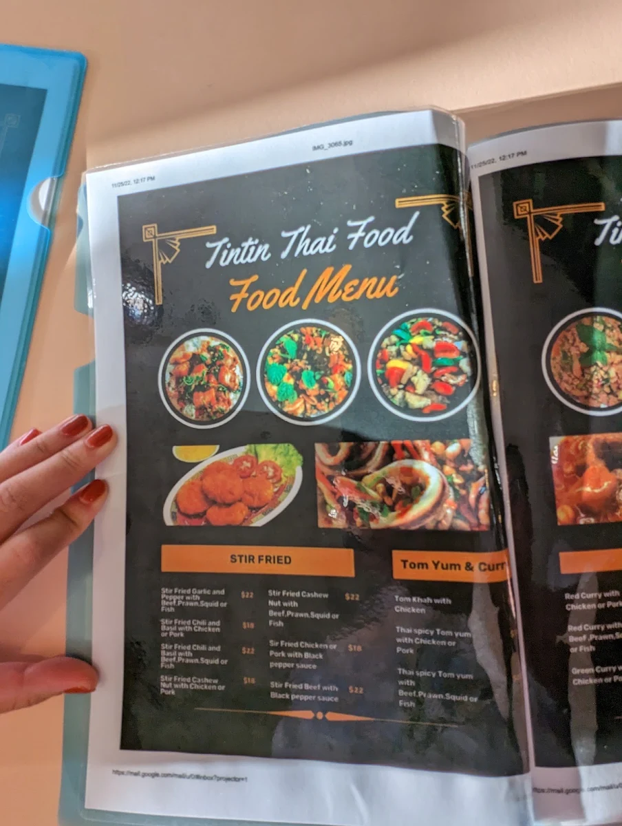 Menu, TinTin Thai Food