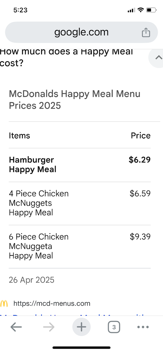 Menu, McDonald's Geelong North