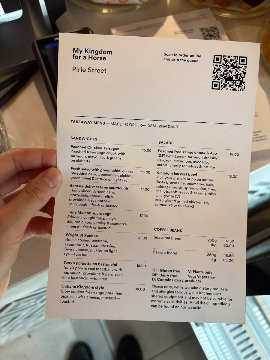 Menu, My Kingdom For A Horse Coffee Pirie St