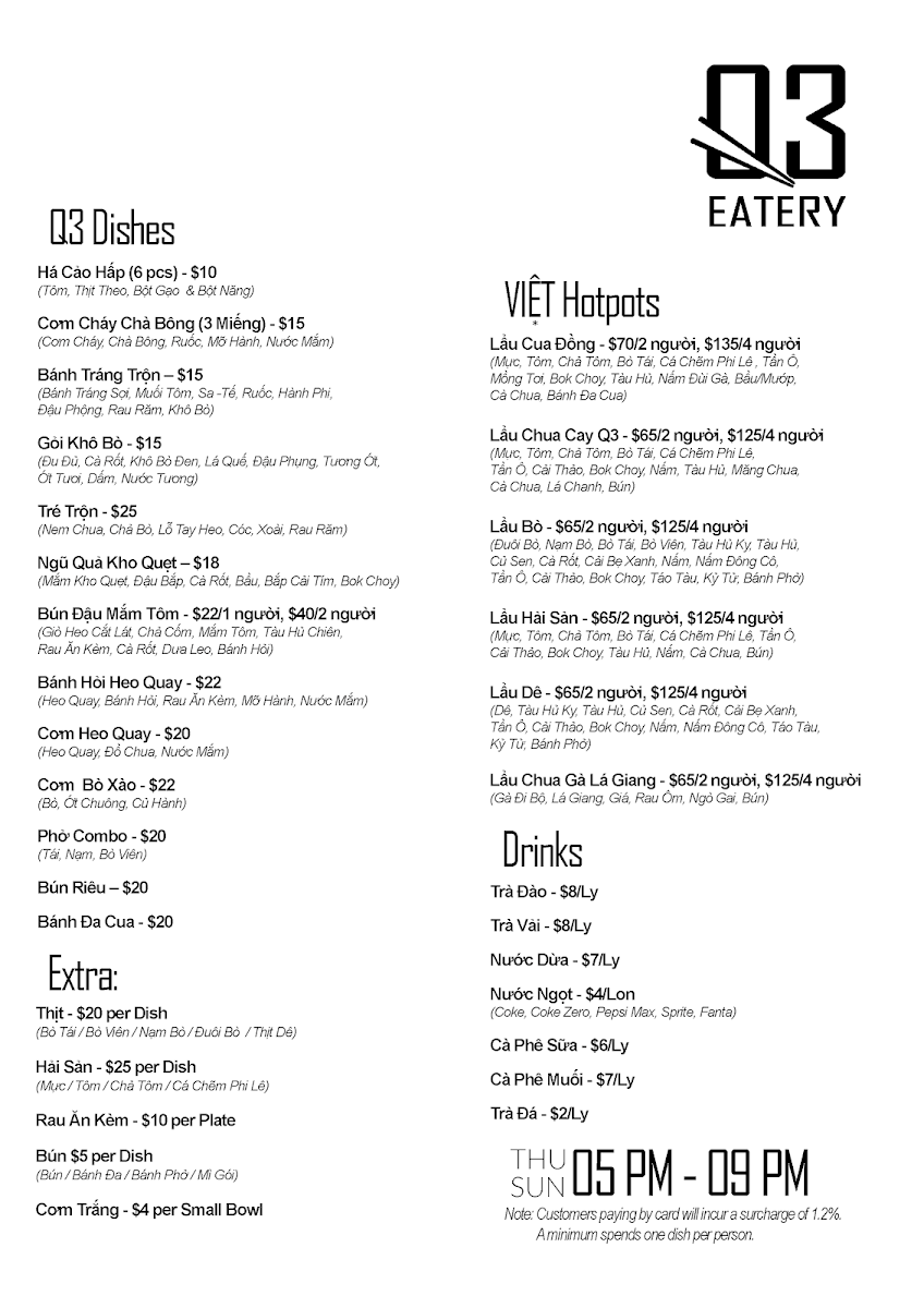 Menu, Q3 Eatery