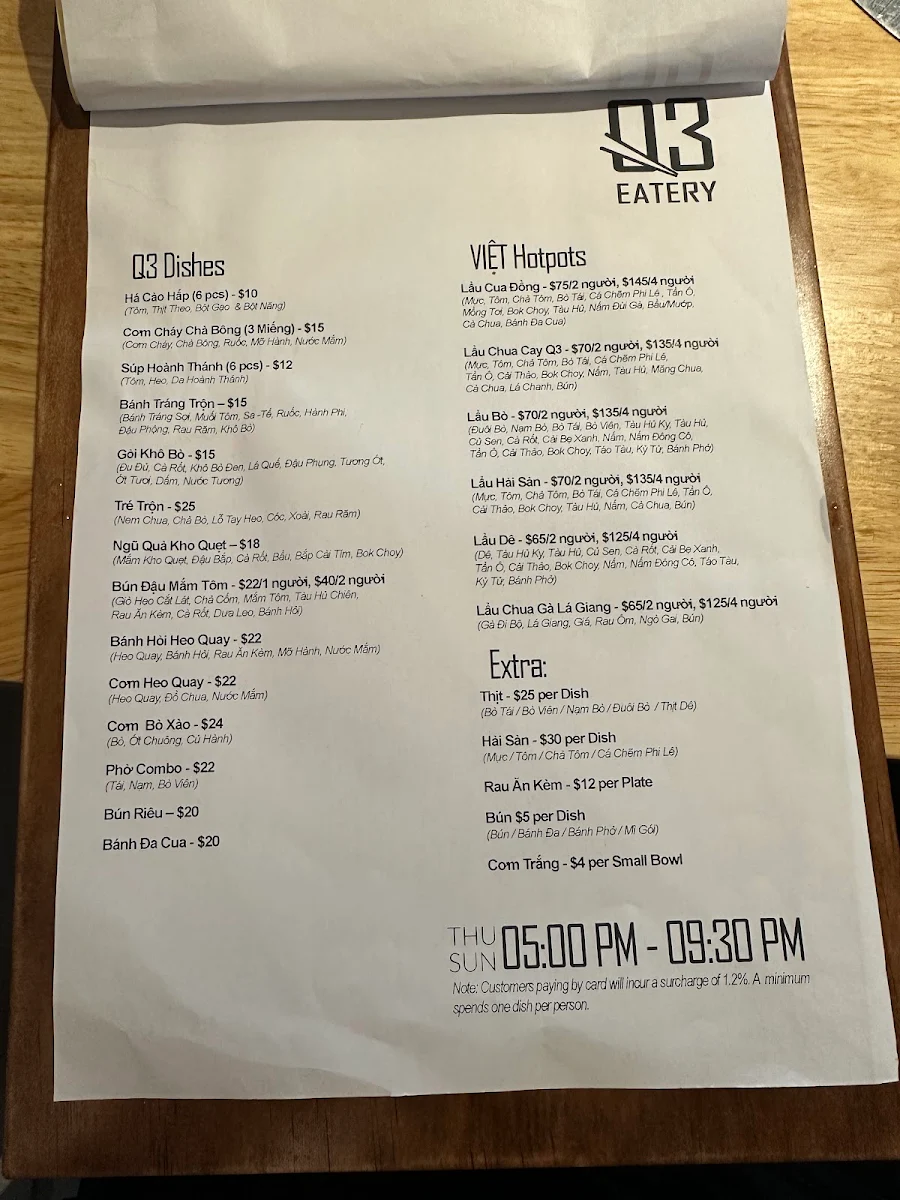 Menu, Q3 Eatery