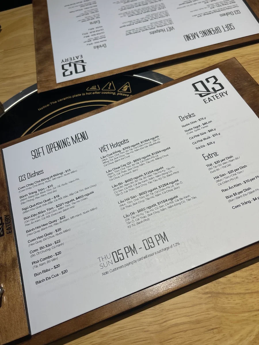 Menu, Q3 Eatery