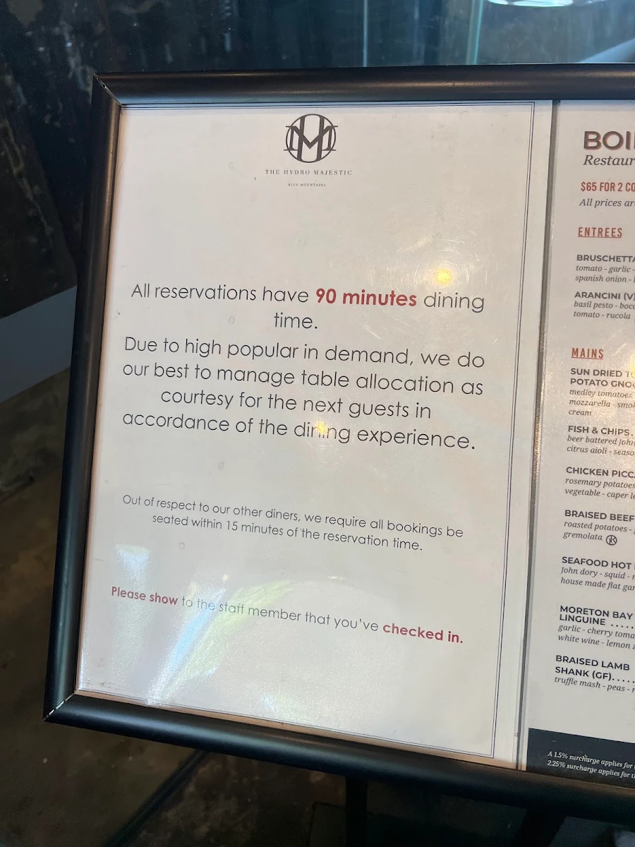 Menu, Boiler House Restaurant at The Hydro Majestic