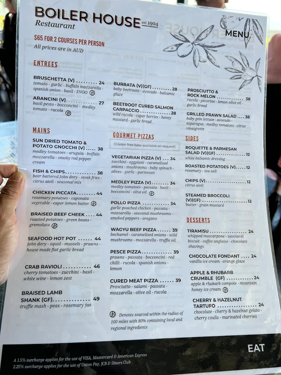 Menu, Boiler House Restaurant at The Hydro Majestic