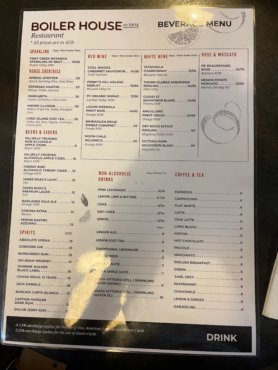 Menu, Boiler House Restaurant at The Hydro Majestic