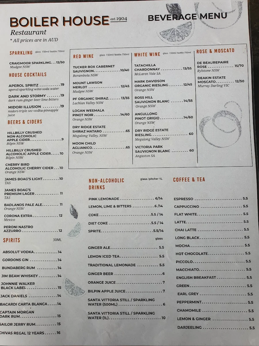 Menu, Boiler House Restaurant at The Hydro Majestic