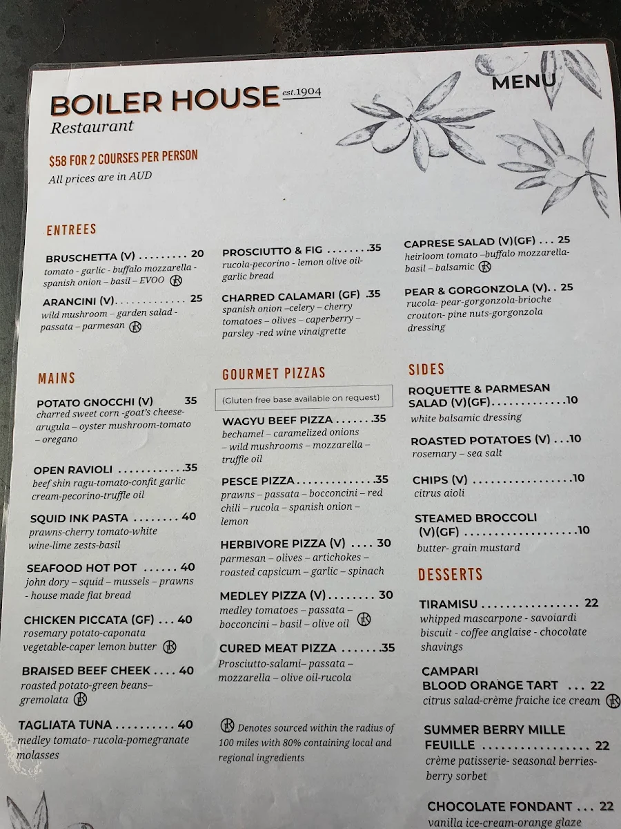 Menu, Boiler House Restaurant at The Hydro Majestic