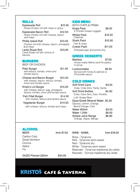 Menu, Kristos Cafe & Taverna