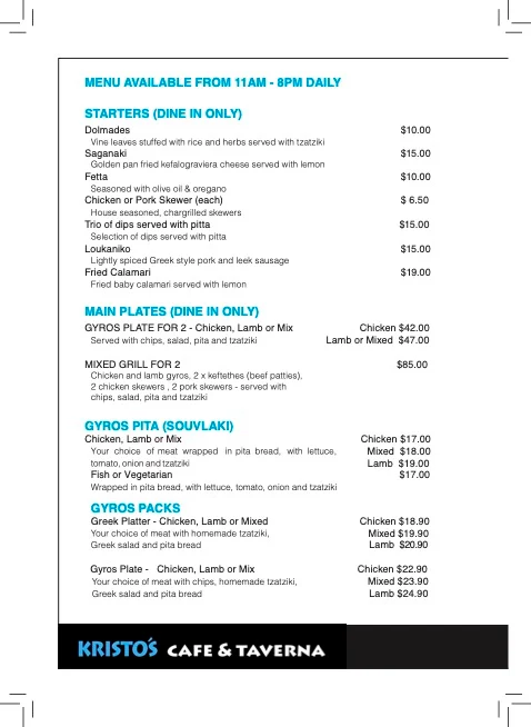 Menu, Kristos Cafe & Taverna
