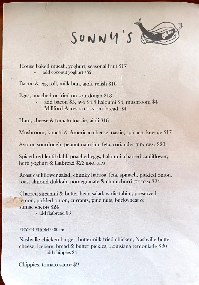 Menu, Sunny’s Kiosk