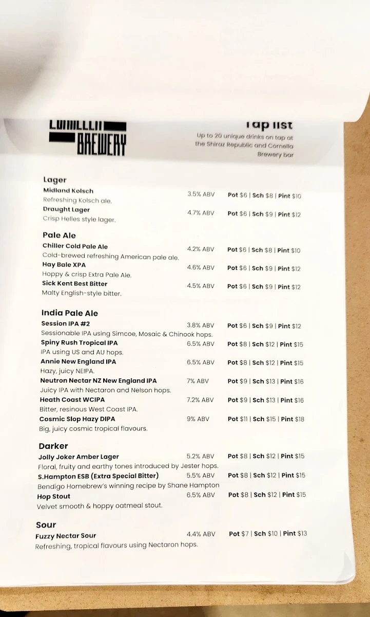 Menu, Cornella Brewery