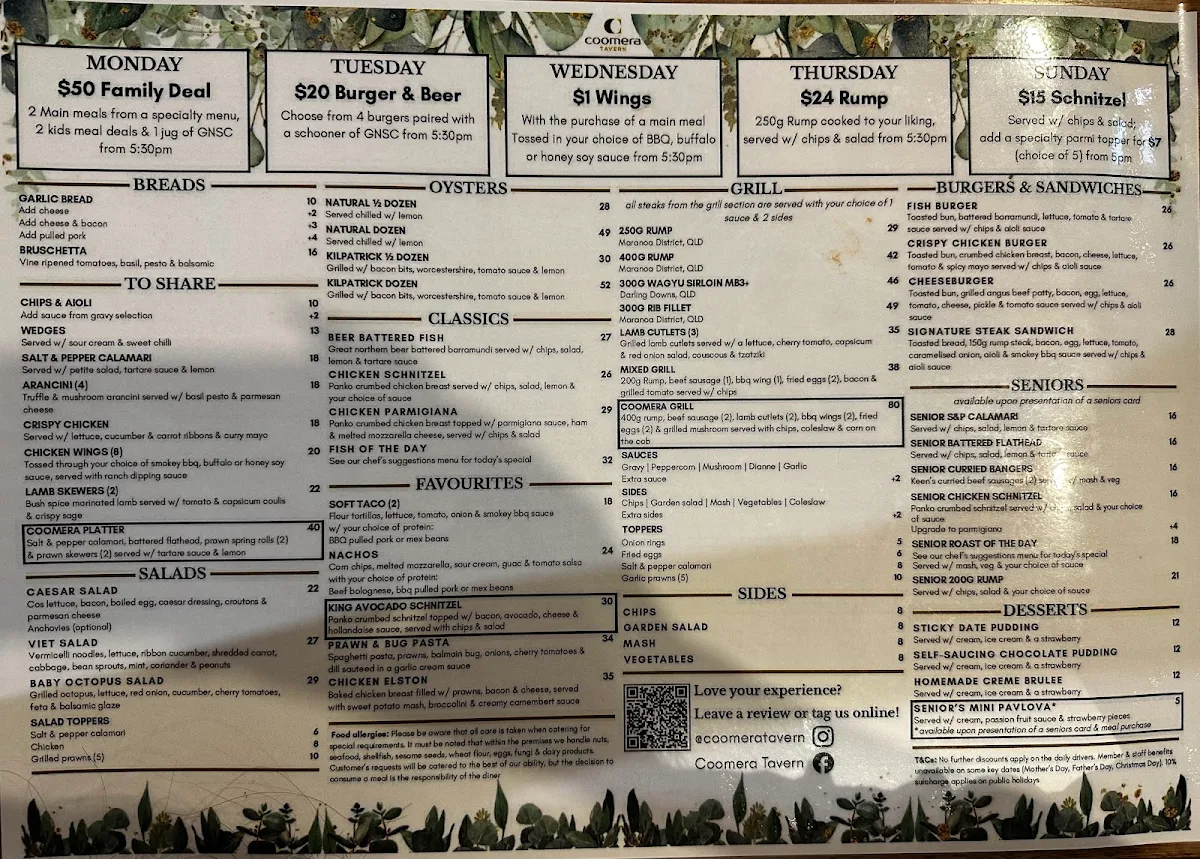 Menu, Coomera Tavern