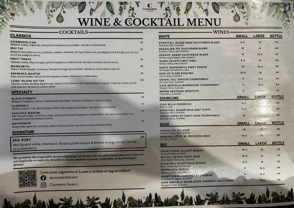 Menu, Coomera Tavern