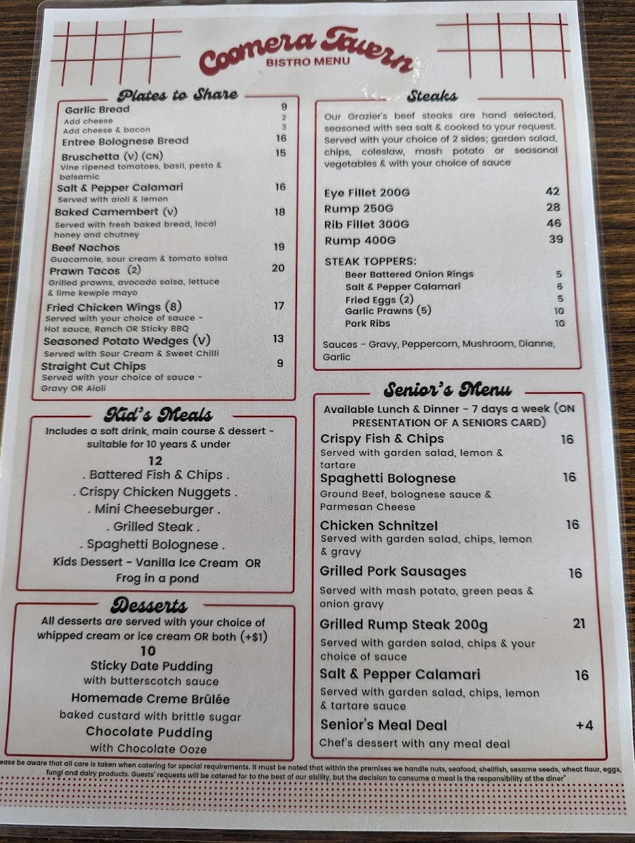 Menu, Coomera Tavern
