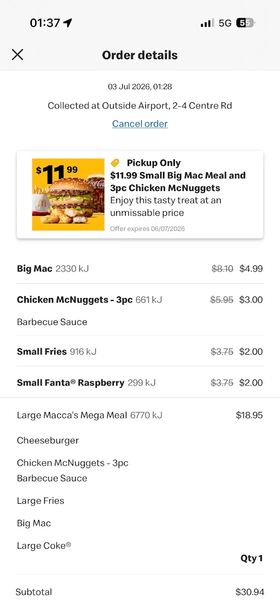 Menu, McDonald's Melbourne Airport