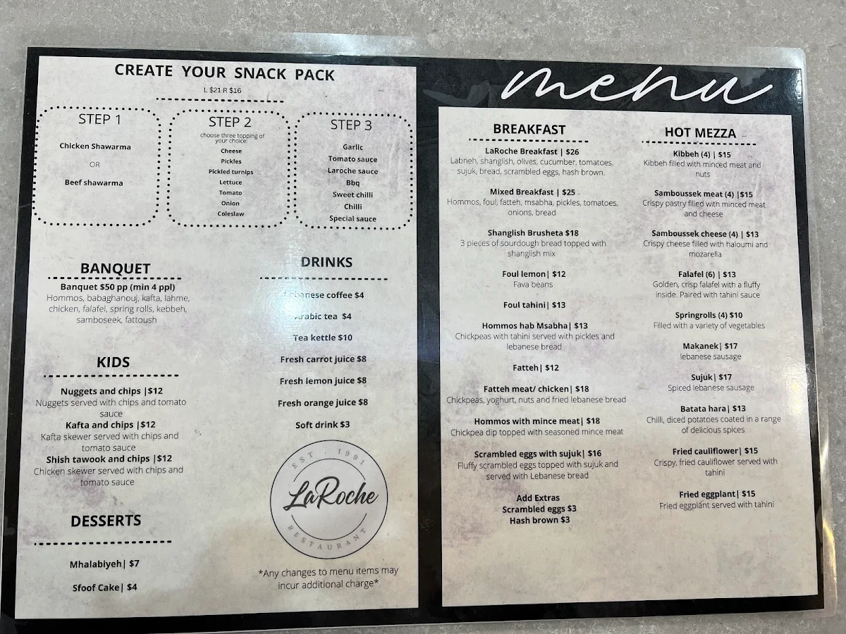 Menu, La Roche Restaurant