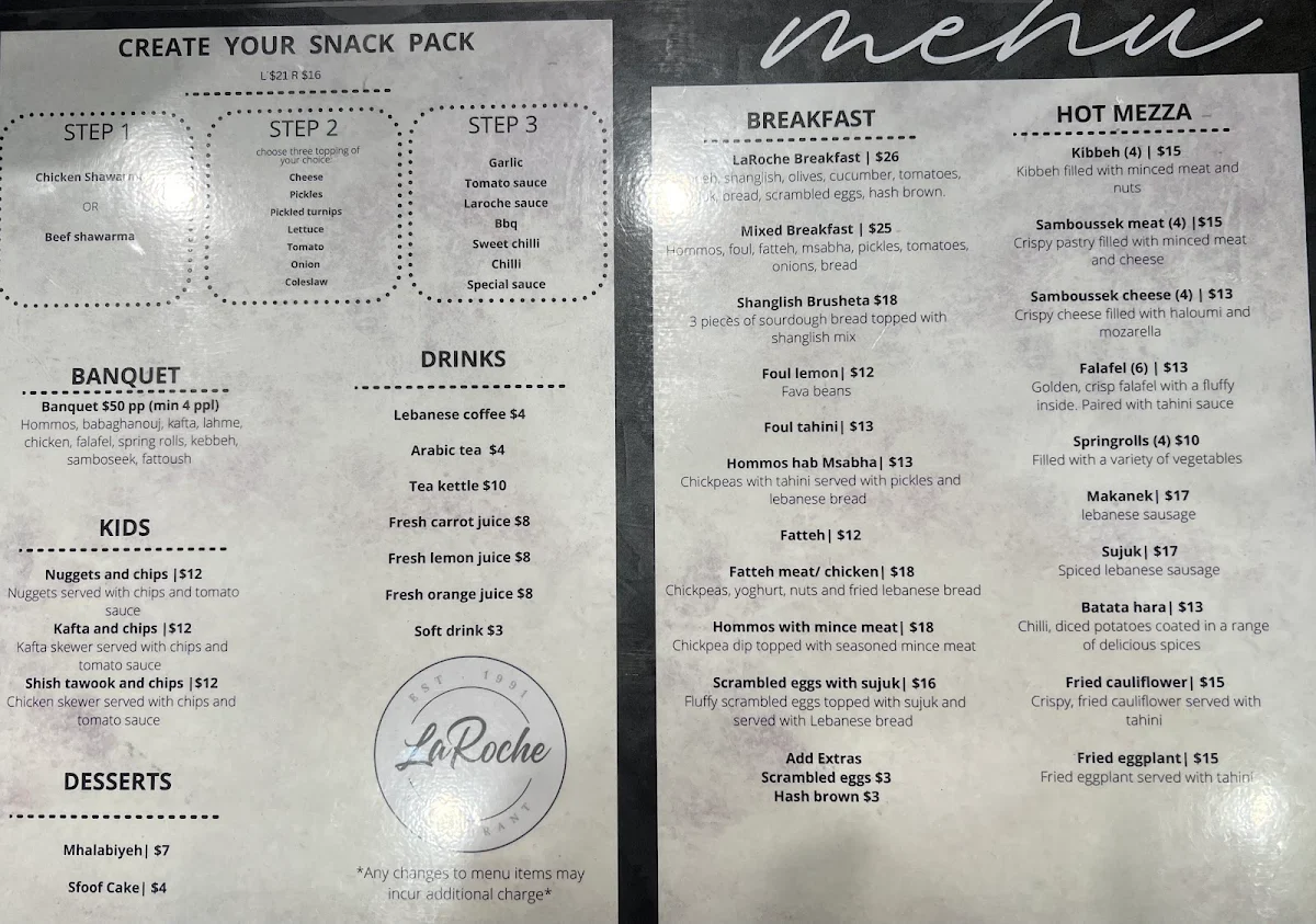 Menu, La Roche Restaurant