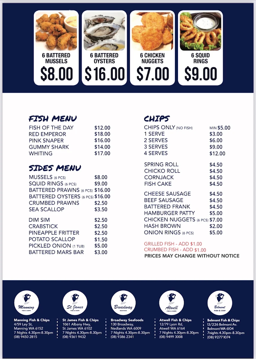 Menu, Belmont Village Fish & Chips