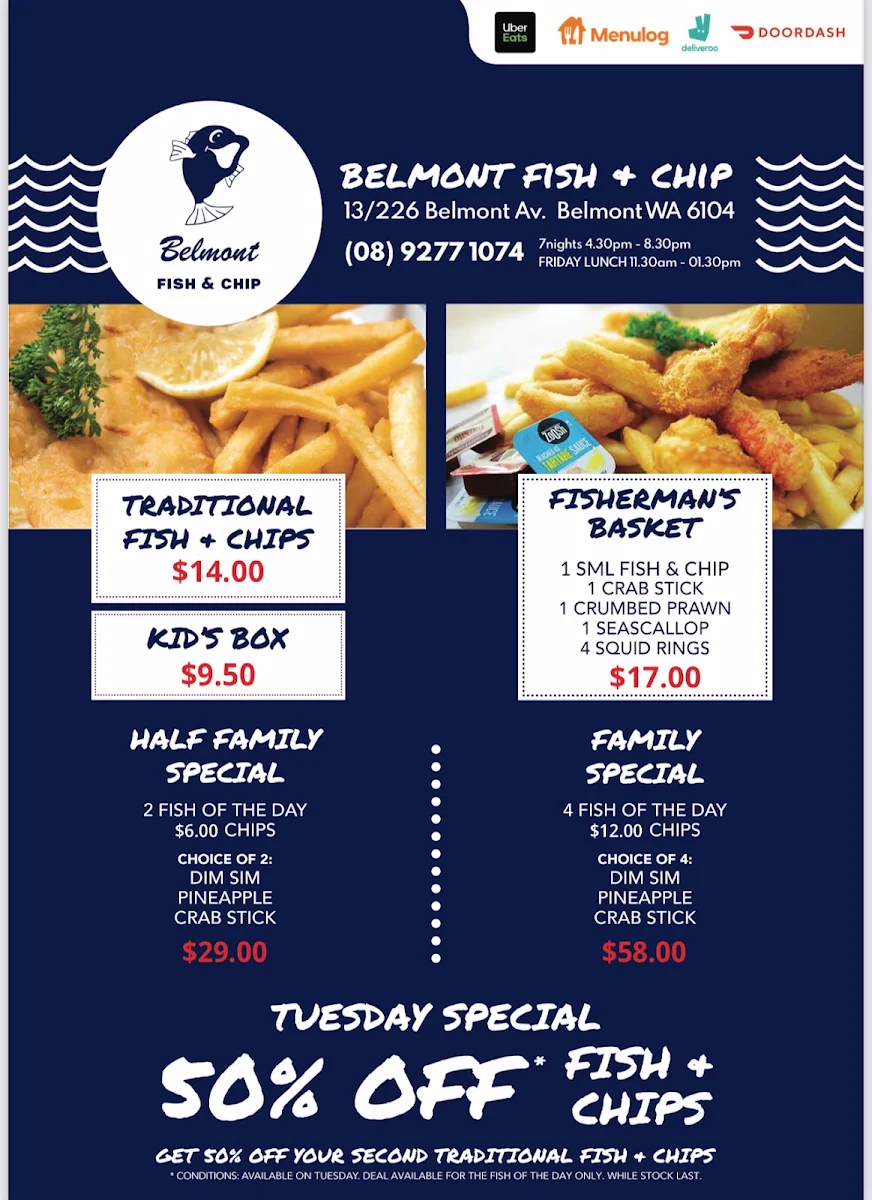 Menu, Belmont Village Fish & Chips