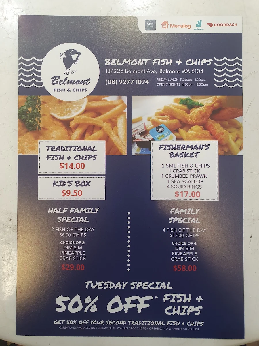 Menu, Belmont Village Fish & Chips