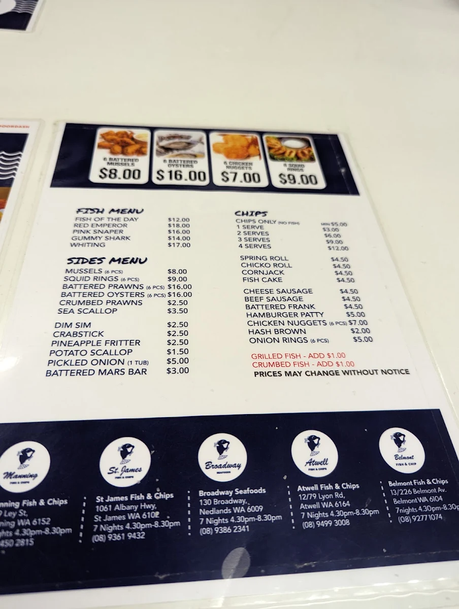 Menu, Belmont Village Fish & Chips
