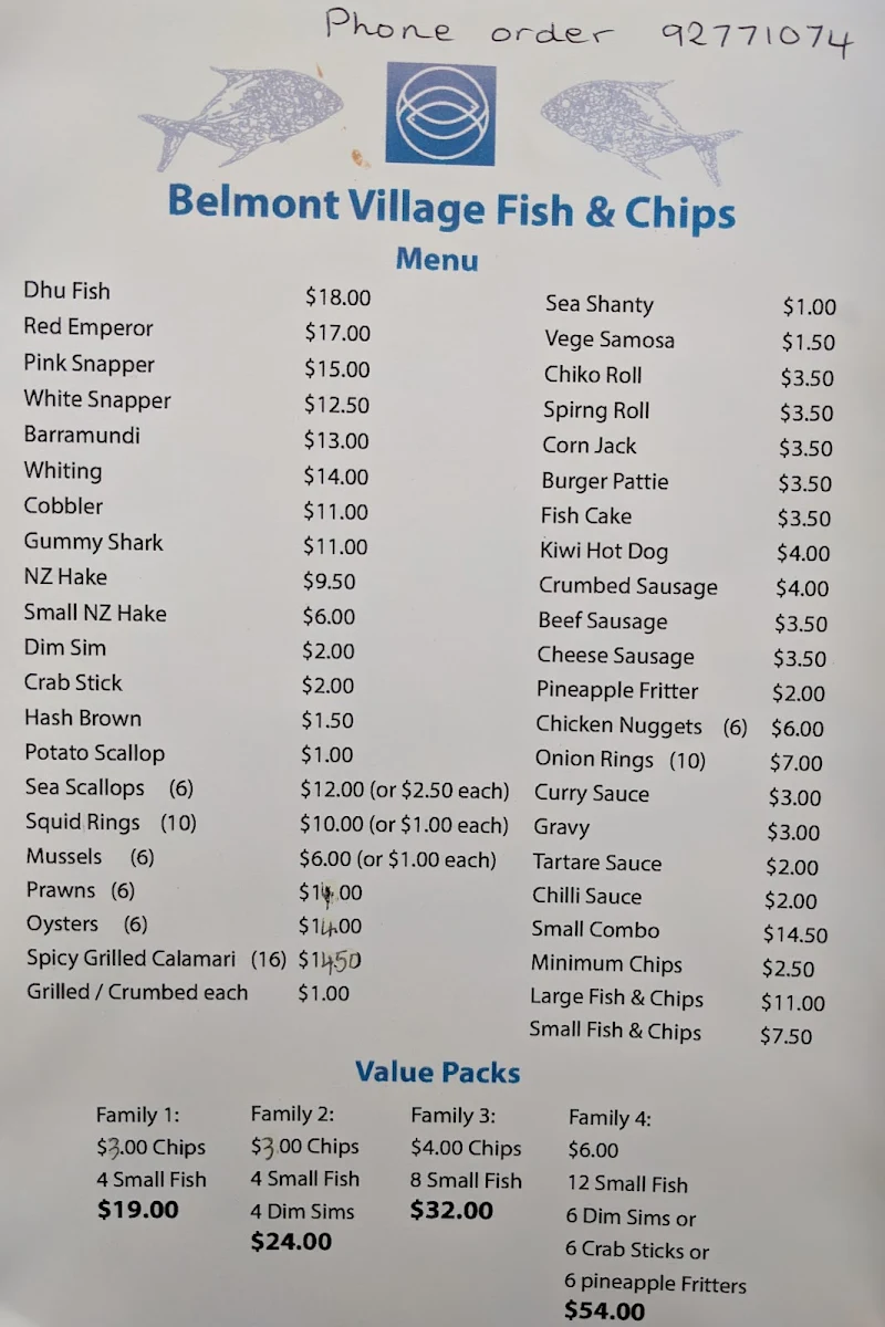 Menu, Belmont Village Fish & Chips