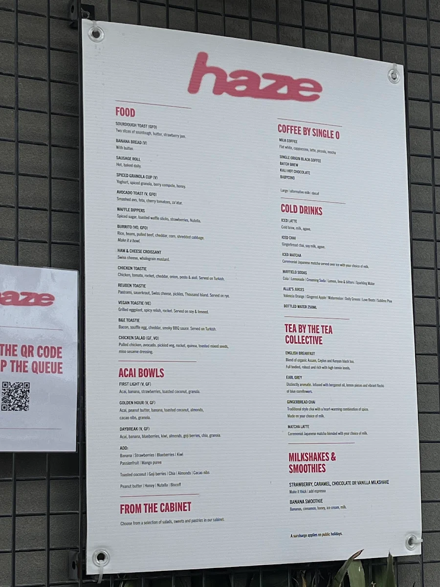 Menu, Haze Cafe Stockton