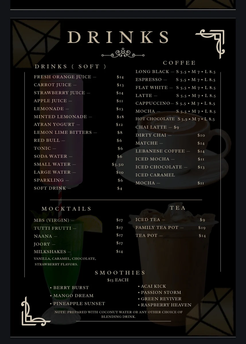 Menu, Diamond Restaurant and shisha bar