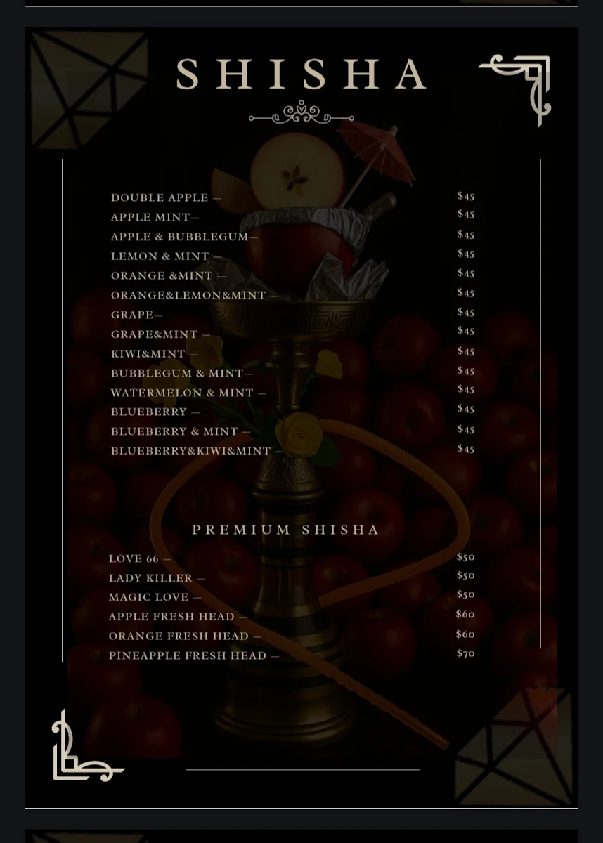 Menu, Diamond Restaurant and shisha bar