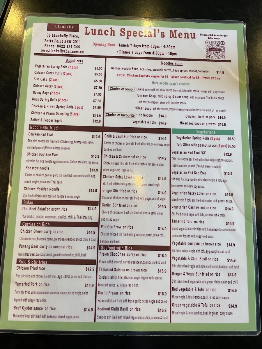 Menu, Llankelly Thai