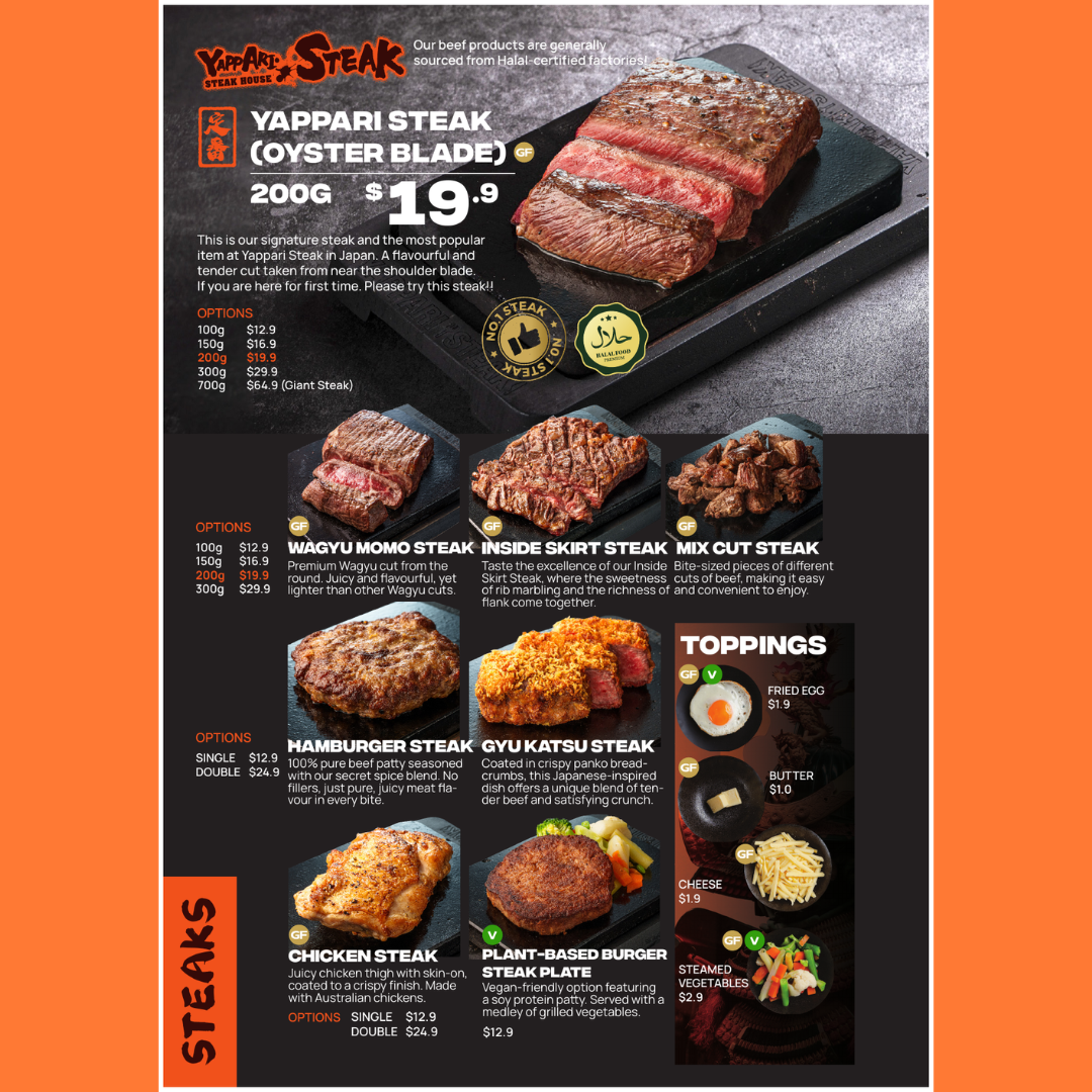Menu, Yappari Steak Melbourne Central