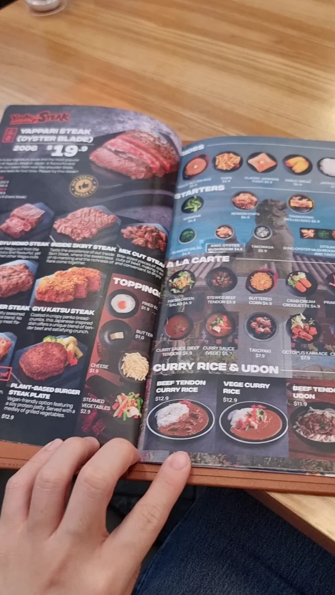 Menu, Yappari Steak Melbourne Central