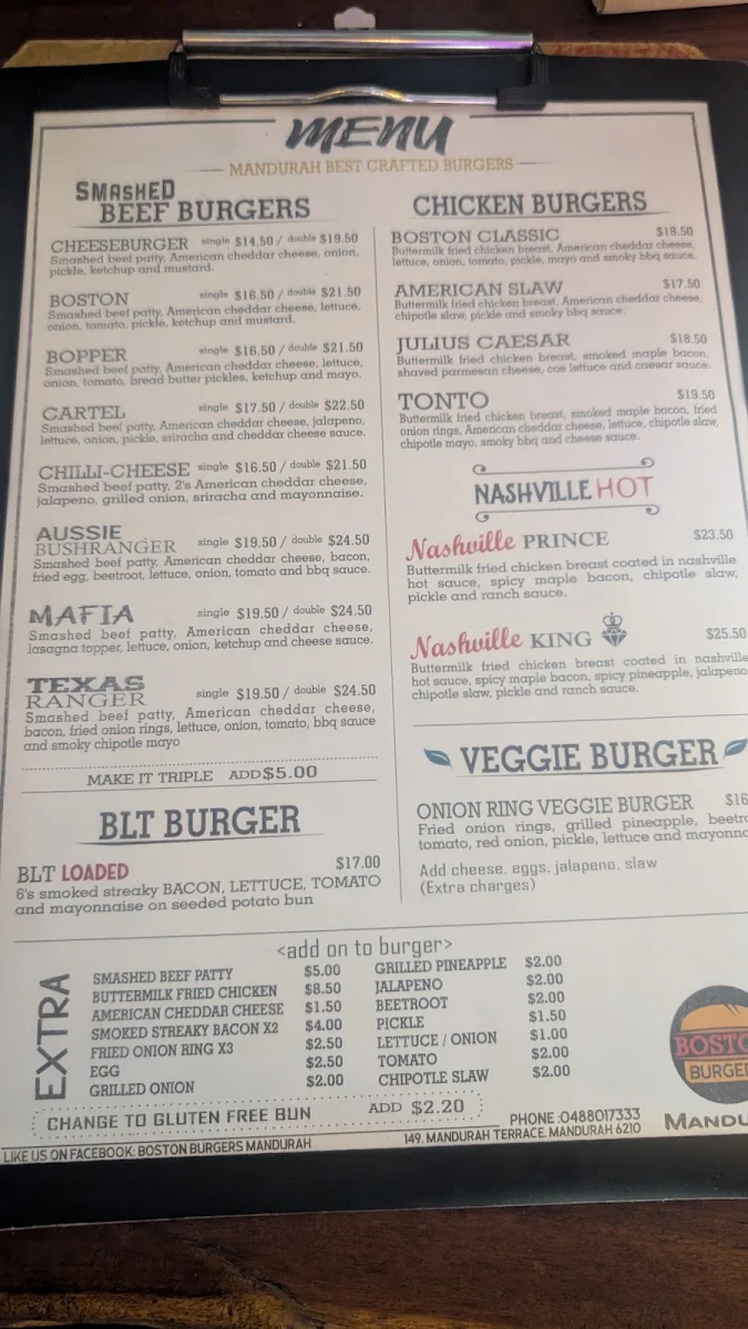 Menu, Boston Burgers Mandurah