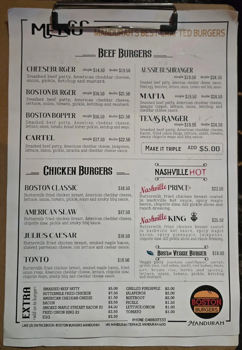 Menu, Boston Burgers Mandurah