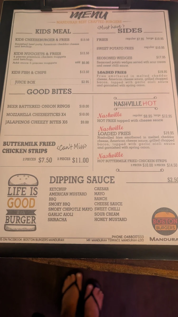 Menu, Boston Burgers Mandurah