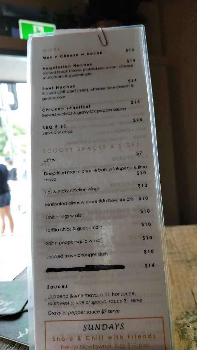 Menu, Town Hall Hotel Newtown