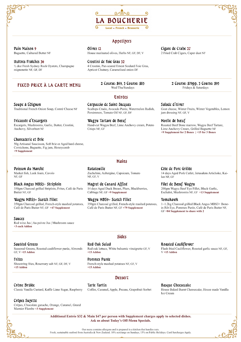 Menu, La Boucherie French Restaurant