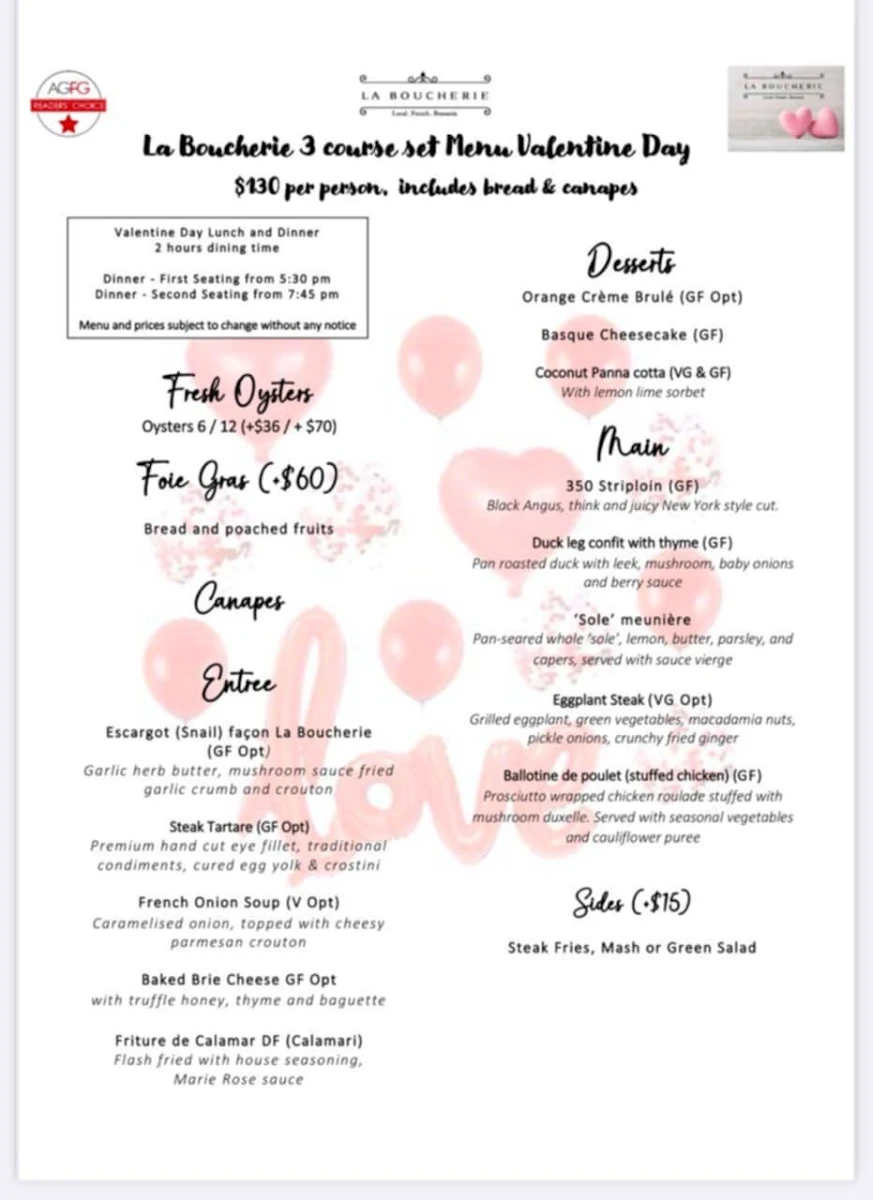 Menu, La Boucherie French Restaurant