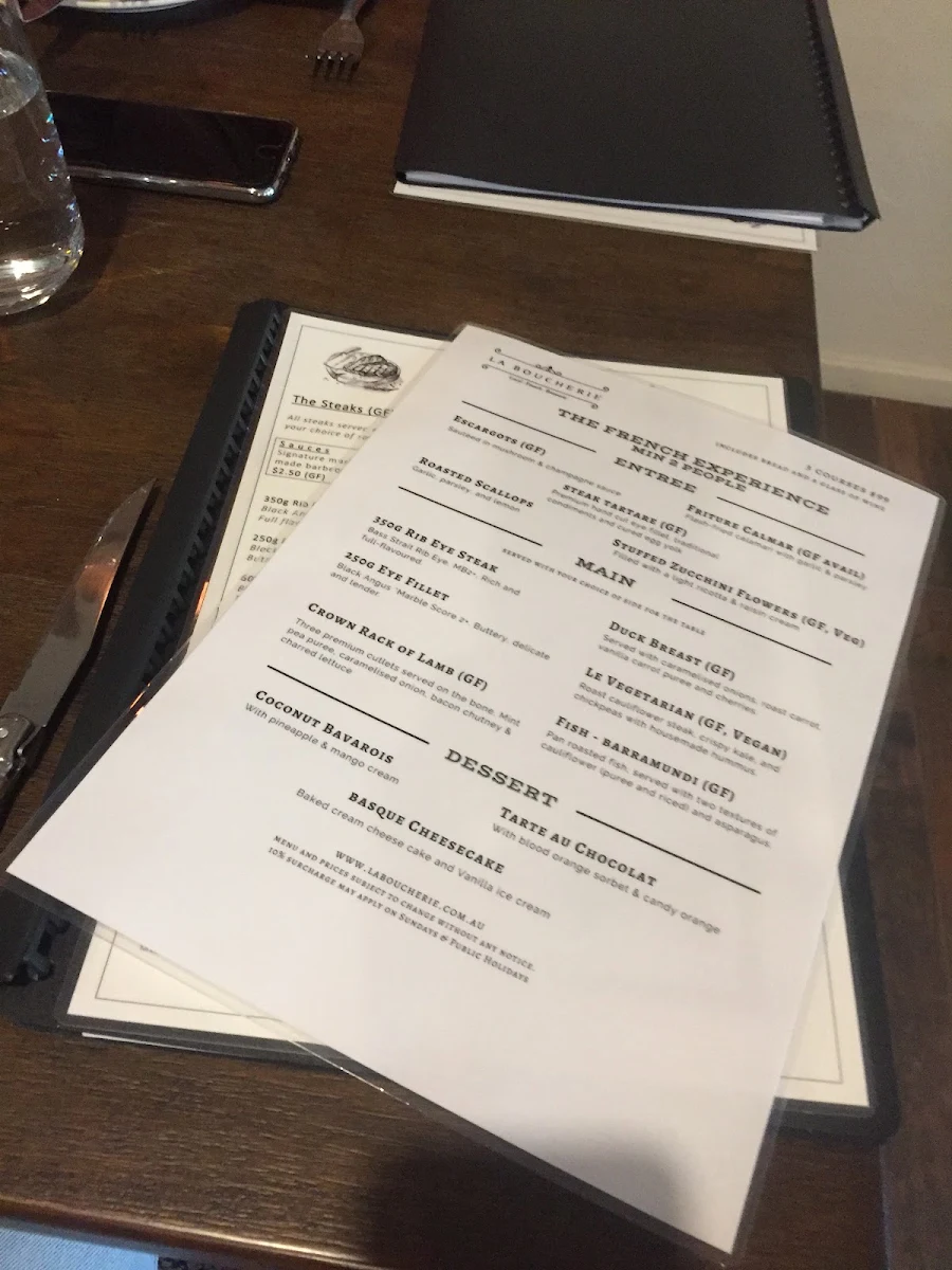 Menu, La Boucherie French Restaurant