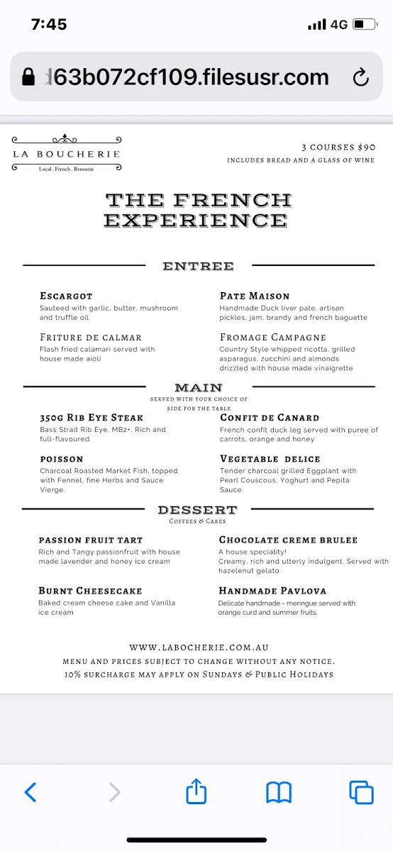 Menu, La Boucherie French Restaurant