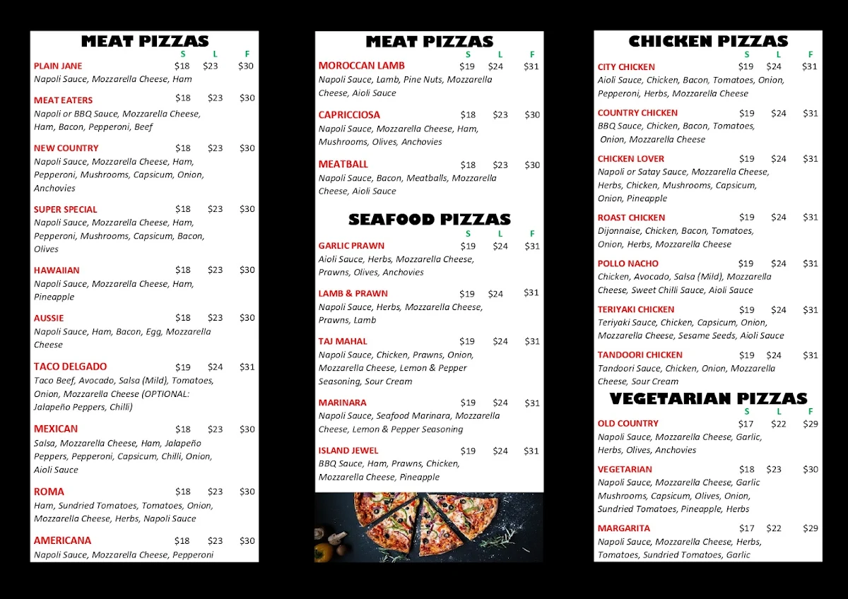 Menu, Canungra Pizza