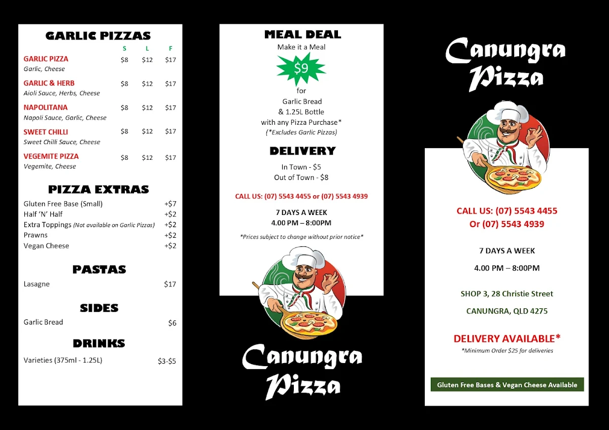 Menu, Canungra Pizza