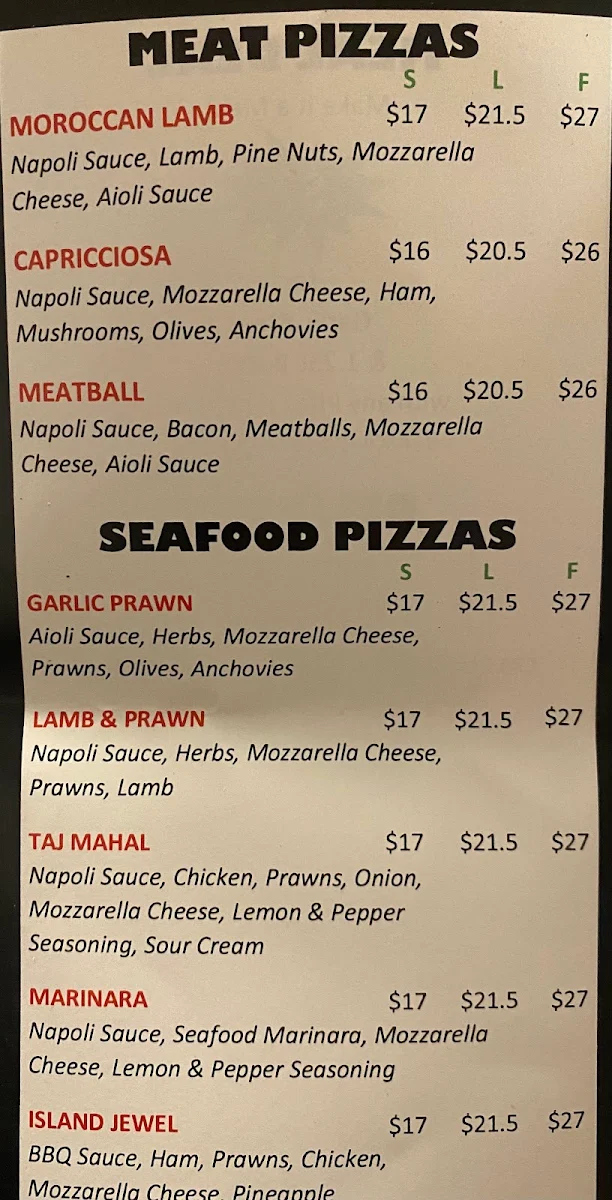 Menu, Canungra Pizza